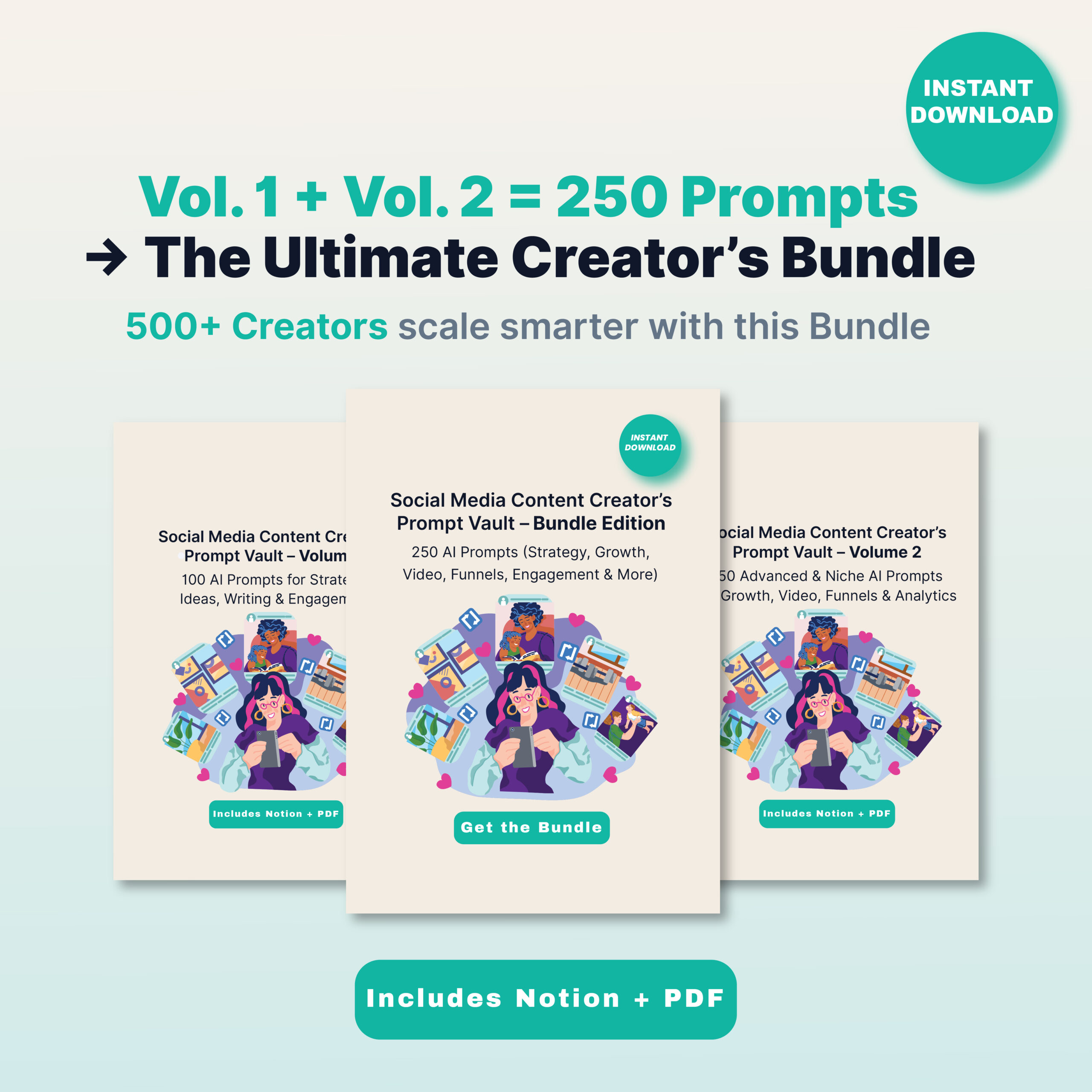 Social Media Prompt Vault Bundle – 250 AI Prompts (Strategy, Ideas, Writing, Visuals, Growth, Video, Funnels & Analytics) Notion + PDF