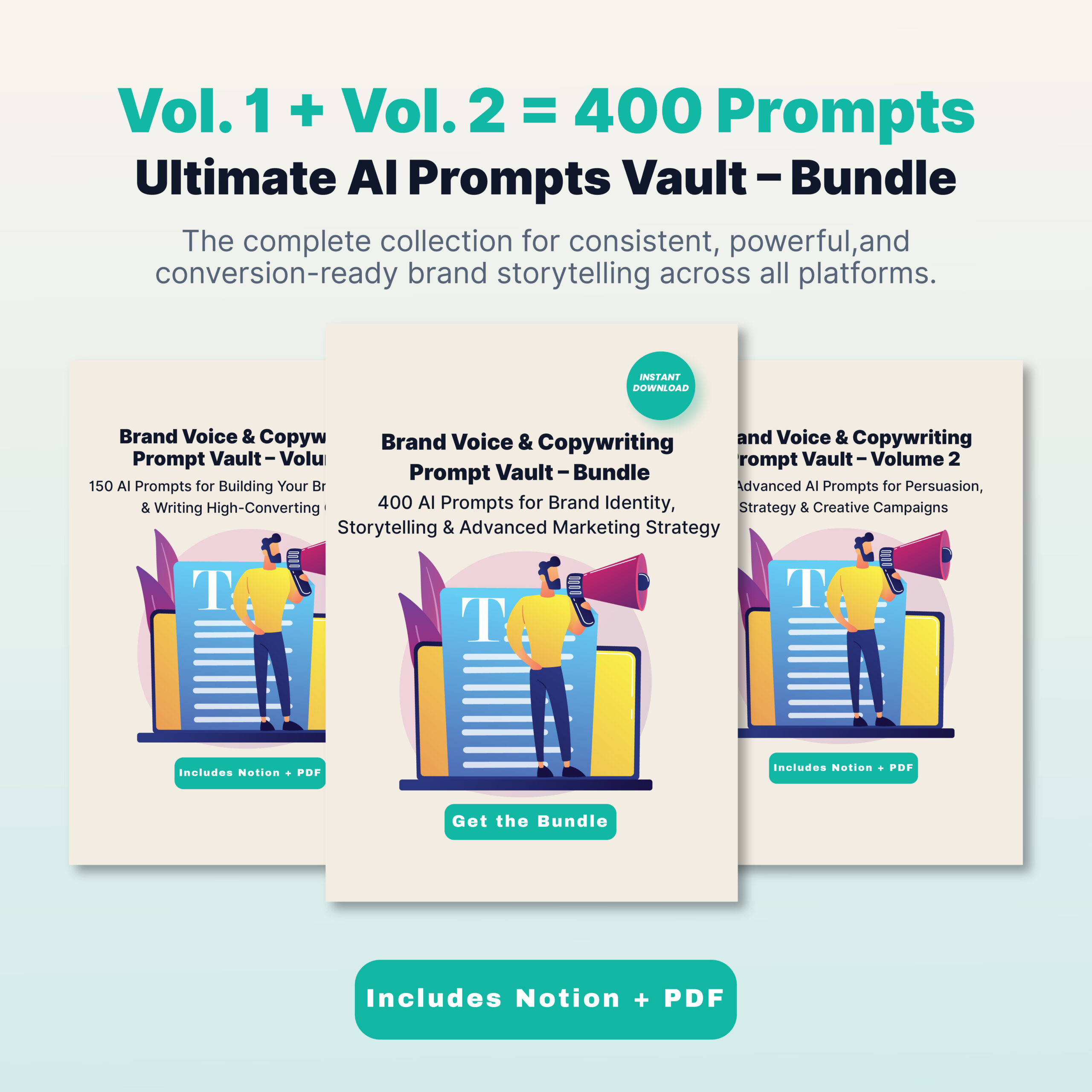 Brand Voice & Copywriting Prompt Vault Bundle | 400 AI Prompts for Brand Identity, Storytelling & Marketing Strategy | PDF + Notion Digital Download
