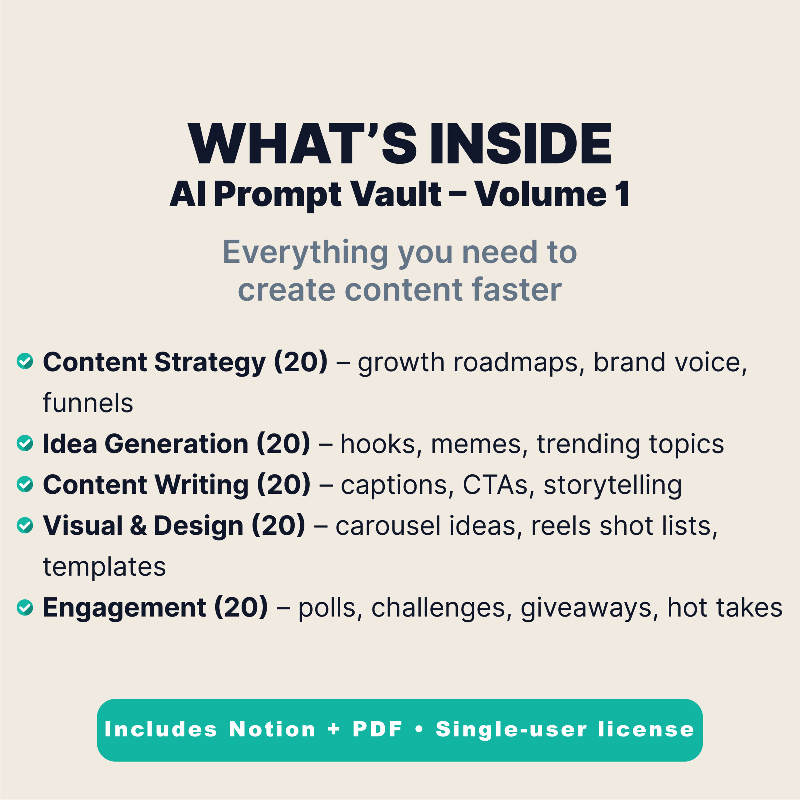 Social Media Content Creator’s Prompt Vault Vol. 1 – 100 AI Prompts for Strategy, Ideas, Captions, Visuals & Engagement (Notion + PDF)